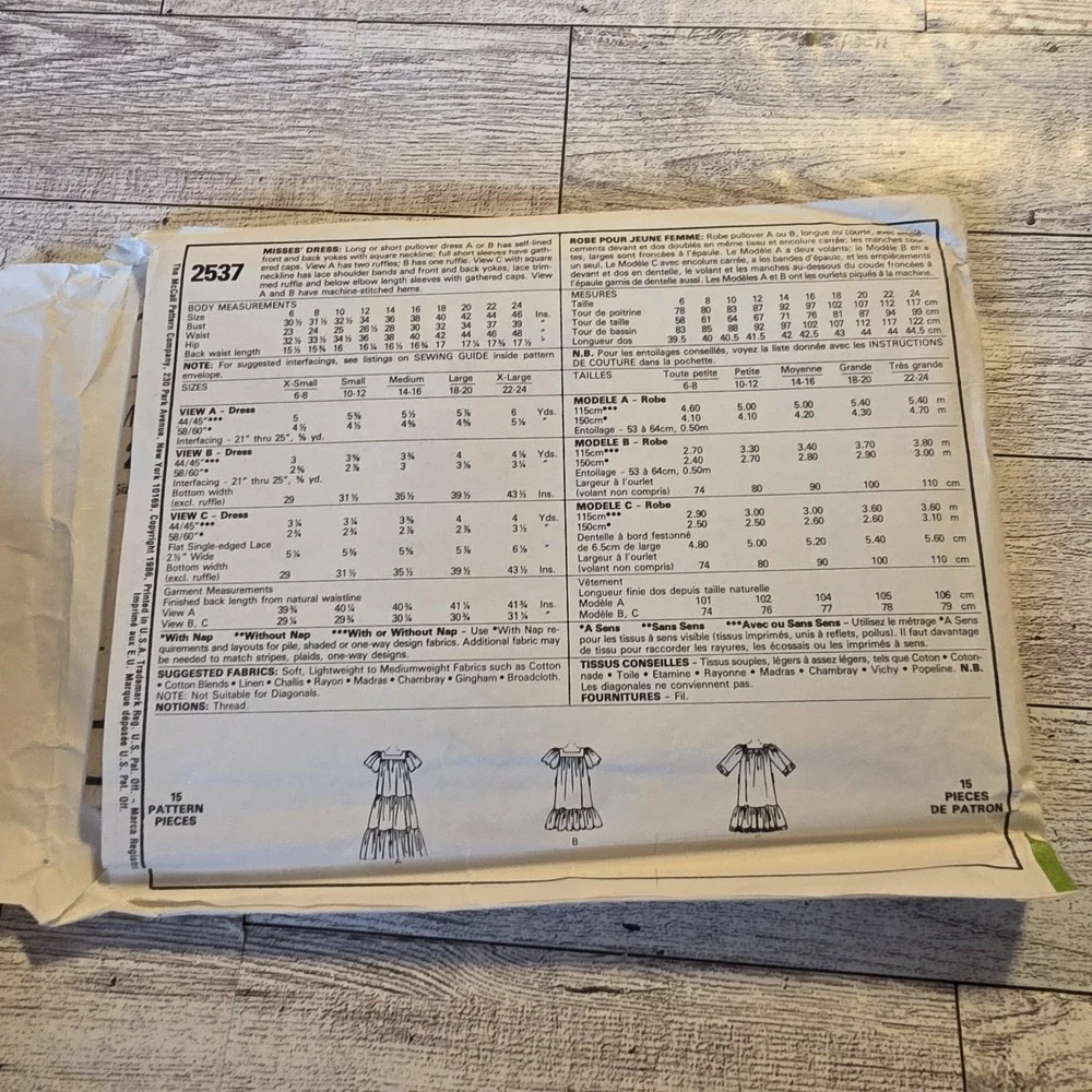 Vintage 80s McCall's 2537 Sewing Pattern Misses' Dress Size L UNCUT FF